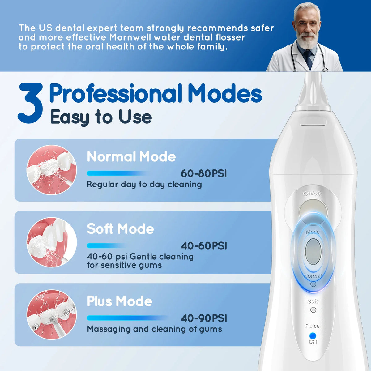 A white portable water flosser device is shown next to text describing its three professional modes for dental cleaning.