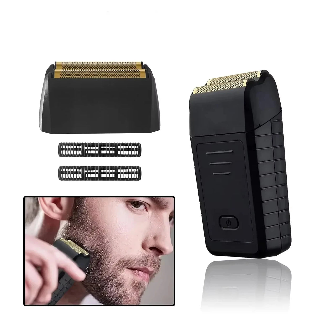 Black replacement foil and cutters for electric shavers shown with a close-up of a beard being shaved