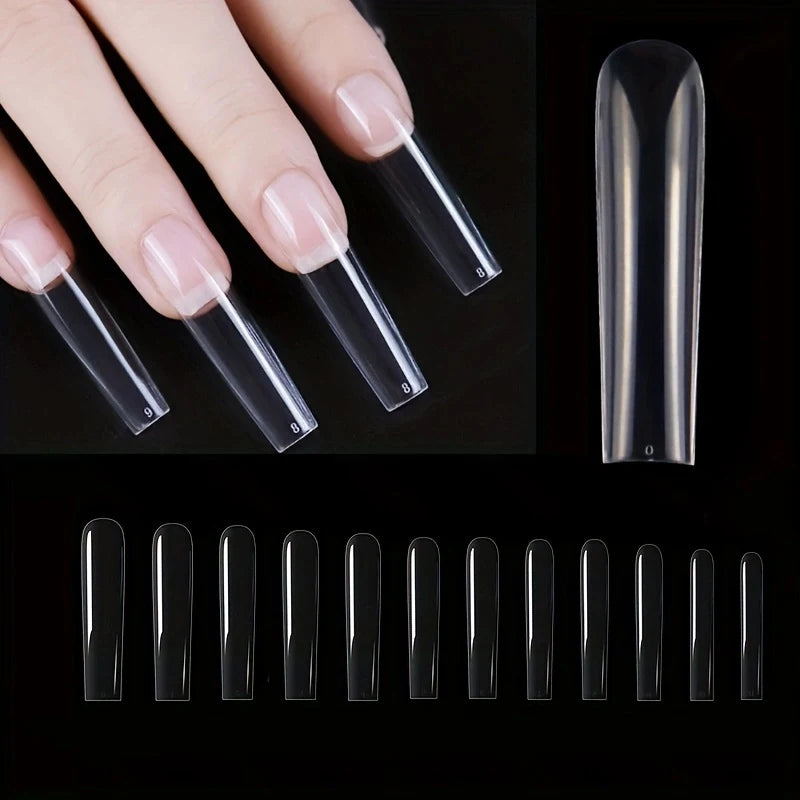 A set of 240 clear square press-on fake nails displayed on fingers and in a vertical arrangement.