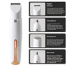 A white electric shaver and trimmer device shown with various attachments for body and facial hair grooming.