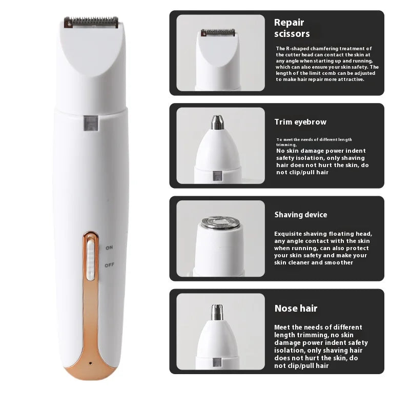 A white electric shaver and trimmer device shown with various attachments for body and facial hair grooming.