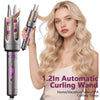 A woman holds a silver curling wand for hair styling demonstration.