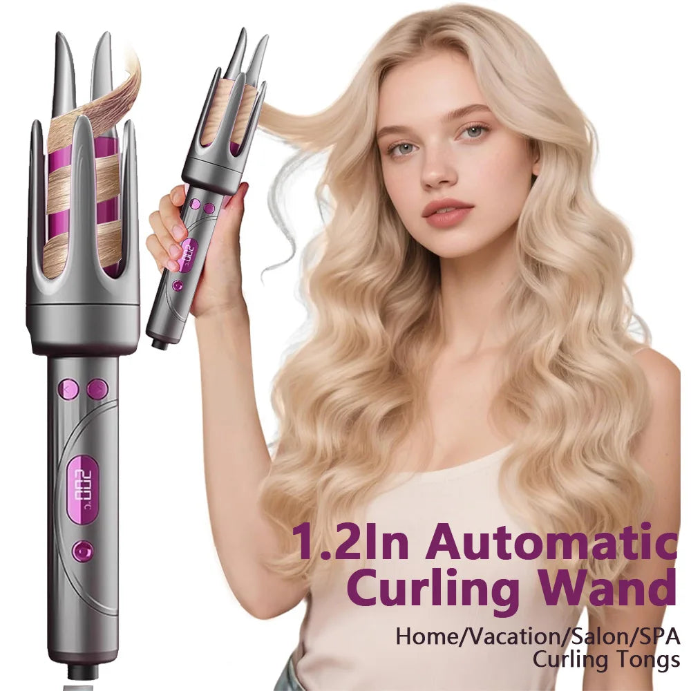 A woman holds a silver curling wand for hair styling demonstration.