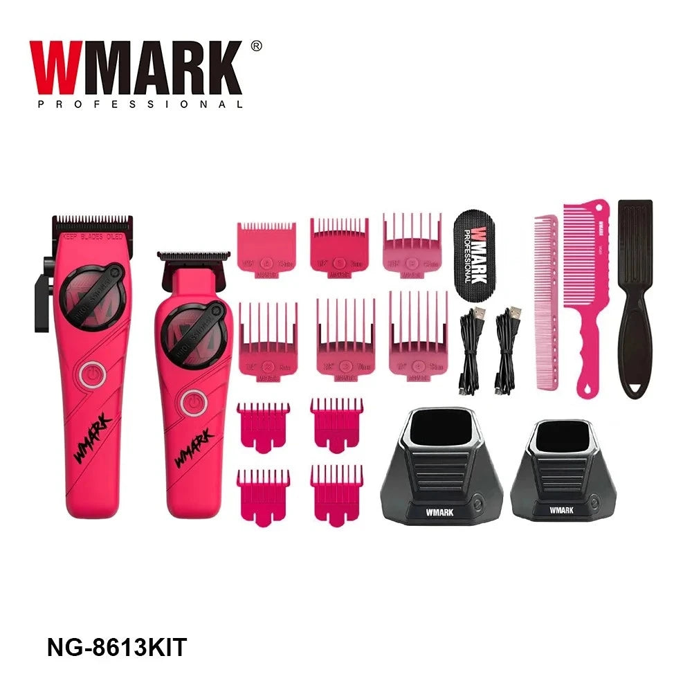 A collection of WMARK professional cordless hair trimmer accessories including combs, guards, and attachments.