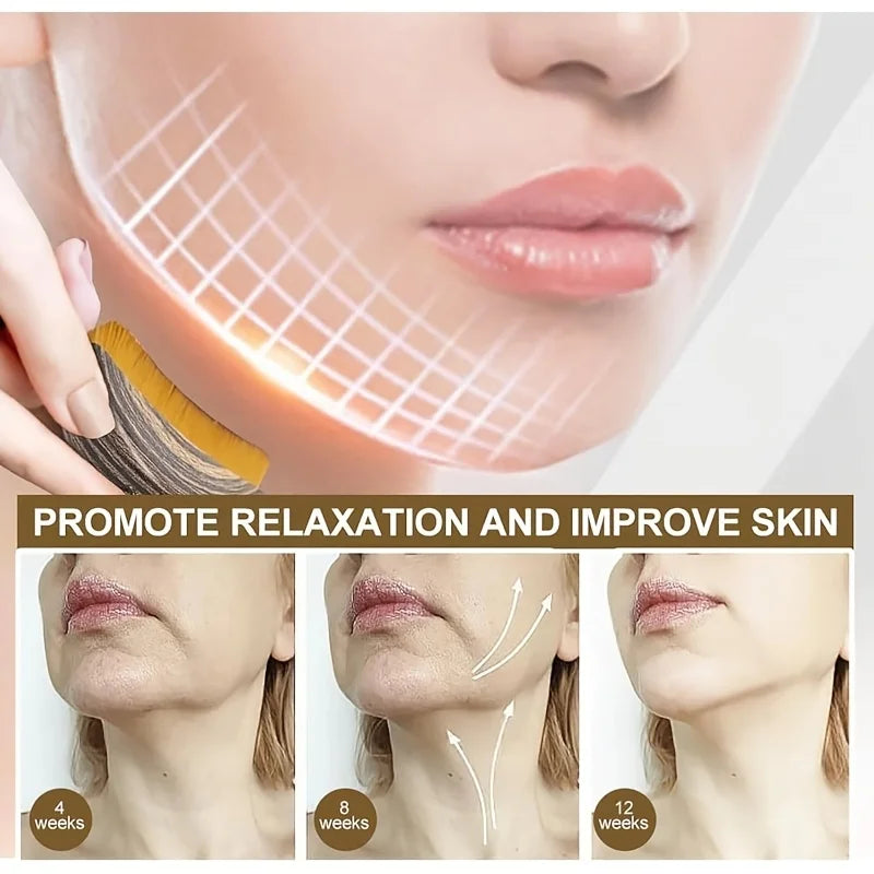 A hand applies a grid-patterned silicone brush to a woman's face to promote relaxation and improve skin.