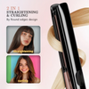 A black hair styling tool used for straightening and curling hair, shown next to a blonde hair strand.