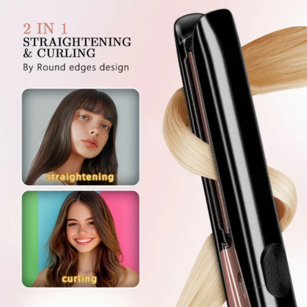 A black hair styling tool used for straightening and curling hair, shown next to a blonde hair strand.