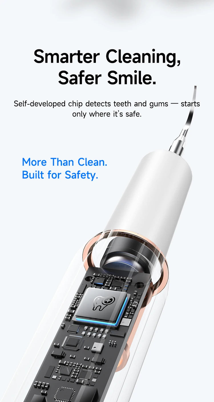A close-up of a white smart ultrasonic tooth cleaner device with a black control panel and a clear cleaning tip.