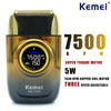 A Kemei electric shaver with a gold and black body and a visible 7500 RPM motor display.