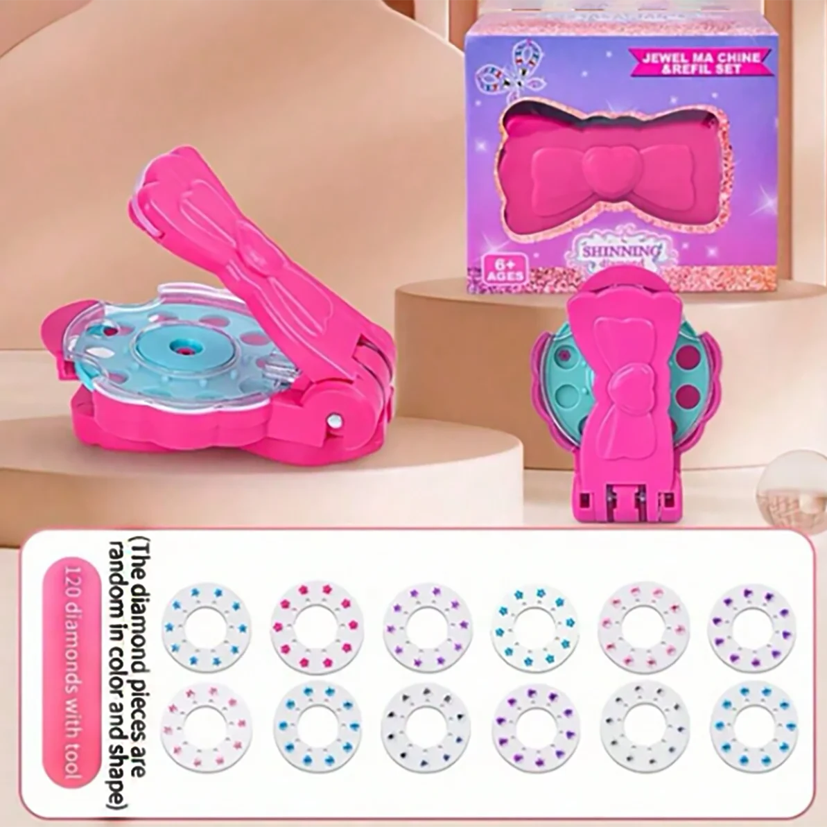 A pink glitter hair braiding and jewelry craft set with various colored and shaped diamond pieces.