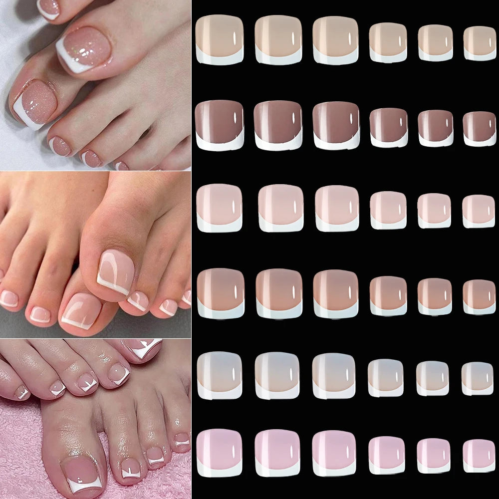 Una colección de 120 uñas postizas en varios tonos y formas, mostradas en una mano y pie.