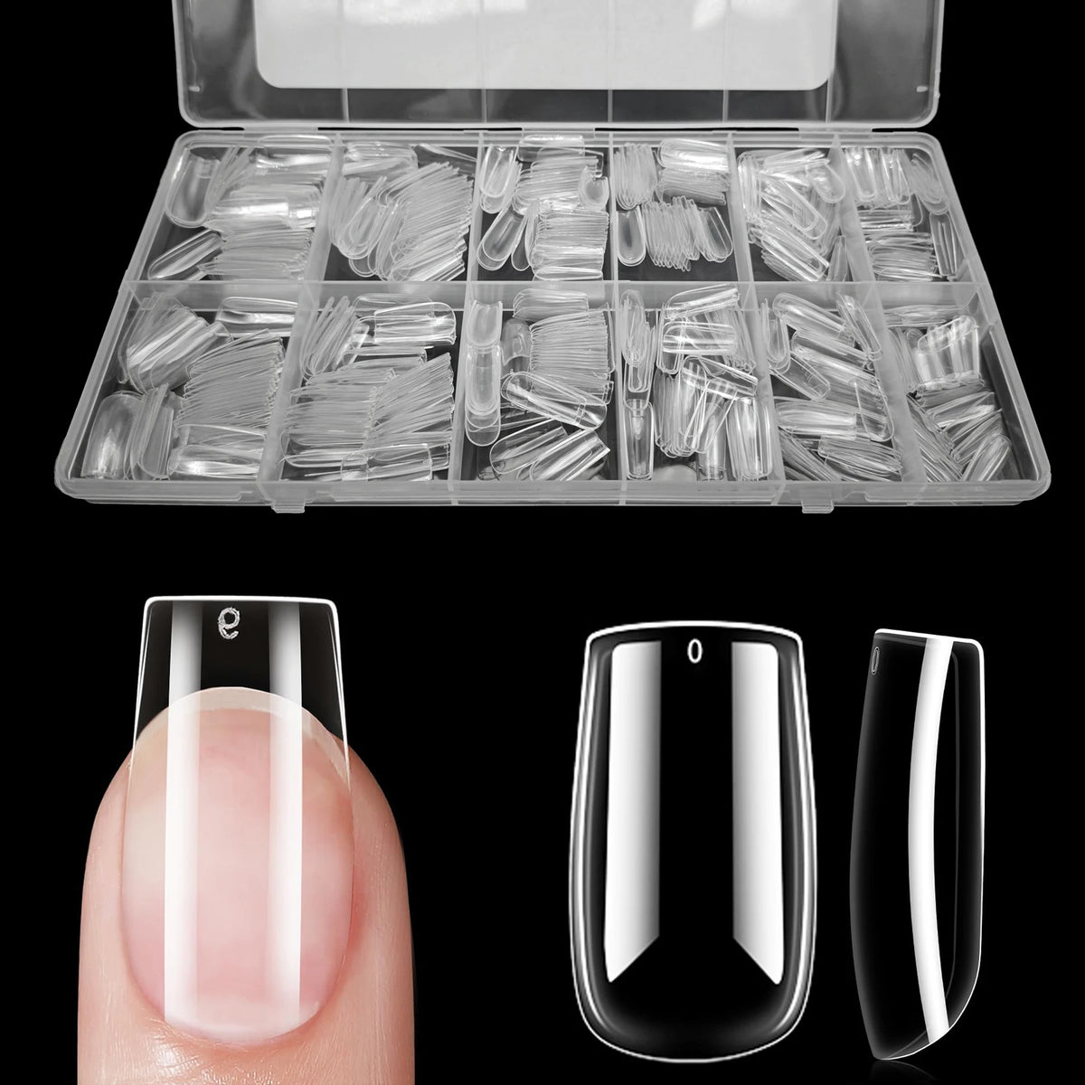 Une boîte en plastique transparent contenant un ensemble de pointes à ongles autocollantes de différentes formes et tailles, 