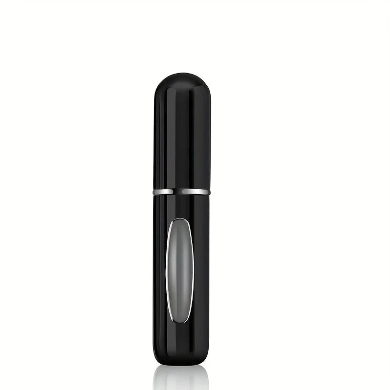 A sleek, black mini refillable perfume atomizer bottle with a silver band.