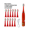 A set of red sonic electric toothbrushes, including the body, charging cable, and twelve brush heads.