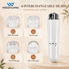 A white multi-function facial and eye massager with four interchangeable heads shown next to various massage functions.