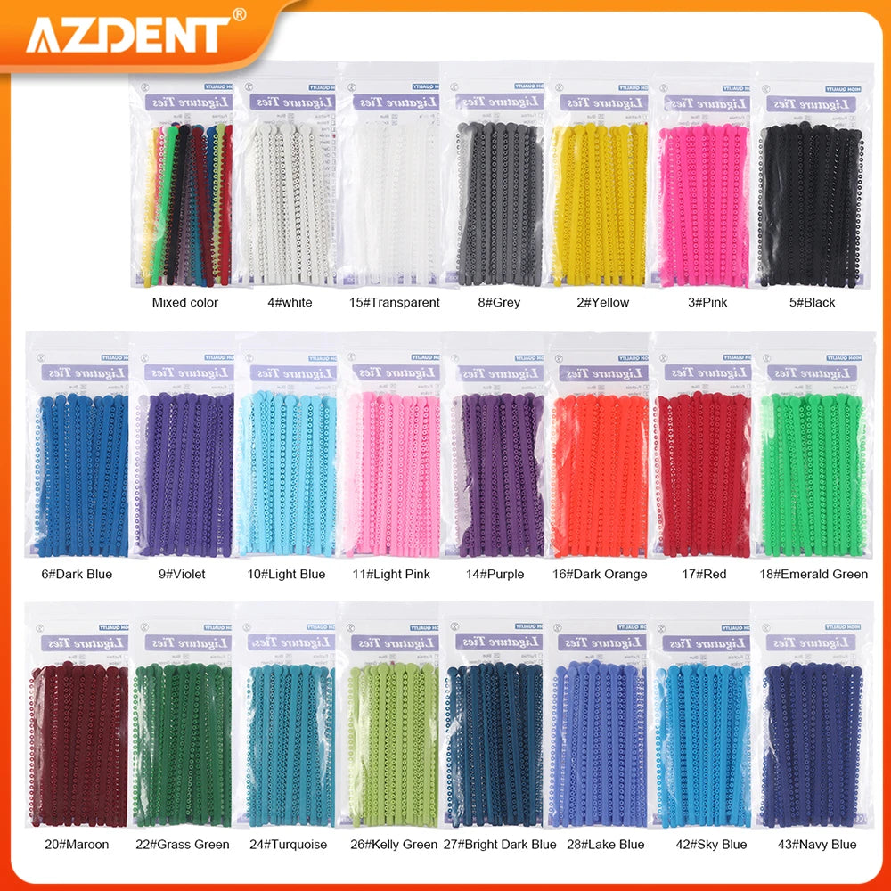 A grid of dental orthodontic elastic ligature ties in various colors including black, pink, yellow, green, blue, and maroon.