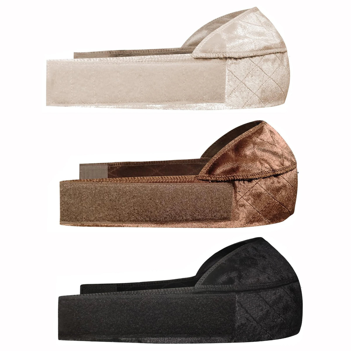 Trois bandes de maintien pour perruques en velours beige, marron et noir affichées côte à côte.