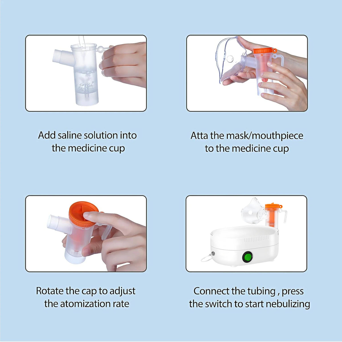 Instructions for using a portable medical compression nebulizer, showing steps to add solution, attach the mask, rotate the c