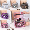 A clear cosmetic bag with a zipper shown in various colors and styles, including pink, purple, and black.