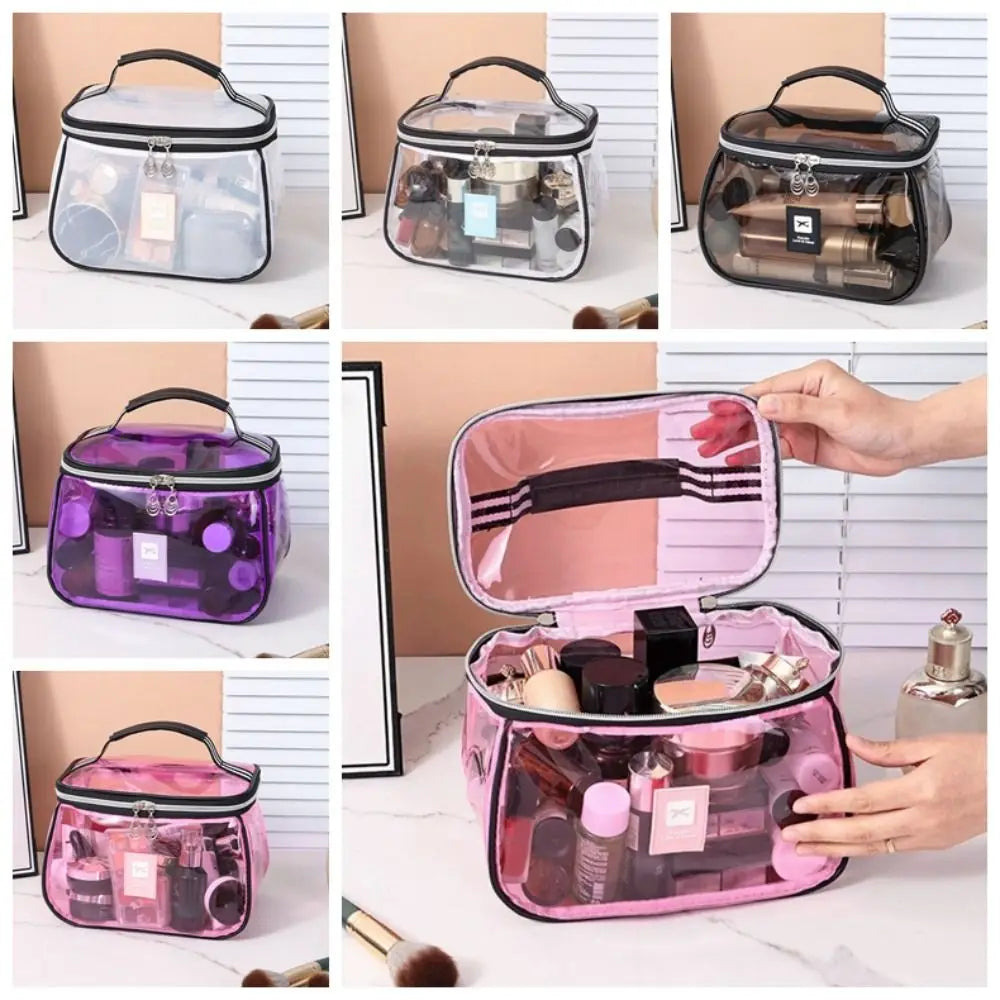 A clear cosmetic bag with a zipper shown in various colors and styles, including pink, purple, and black.