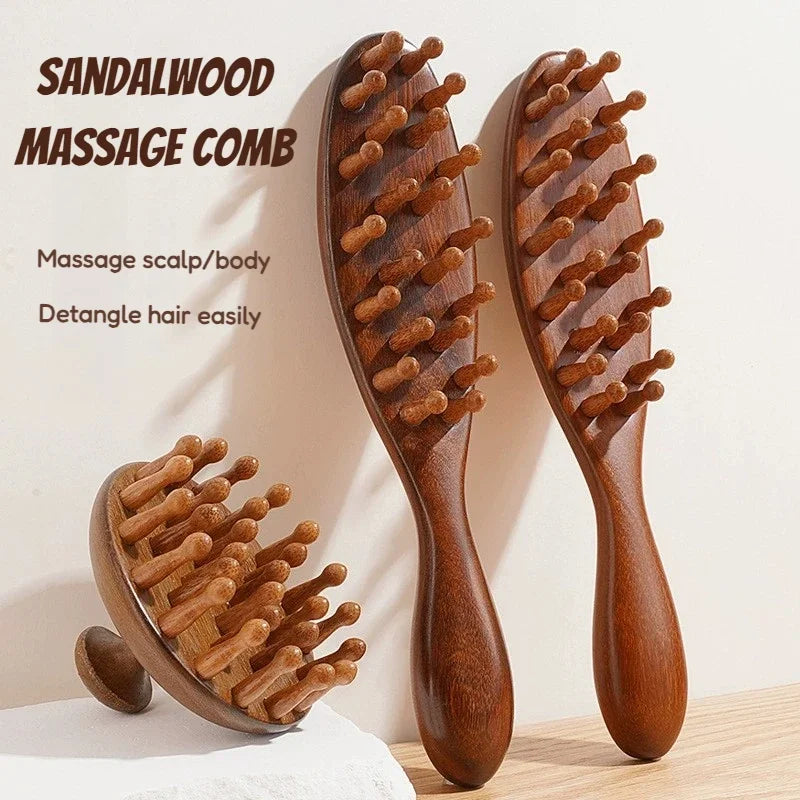 A pair of wooden sandalwood massage combs displayed on a light background.