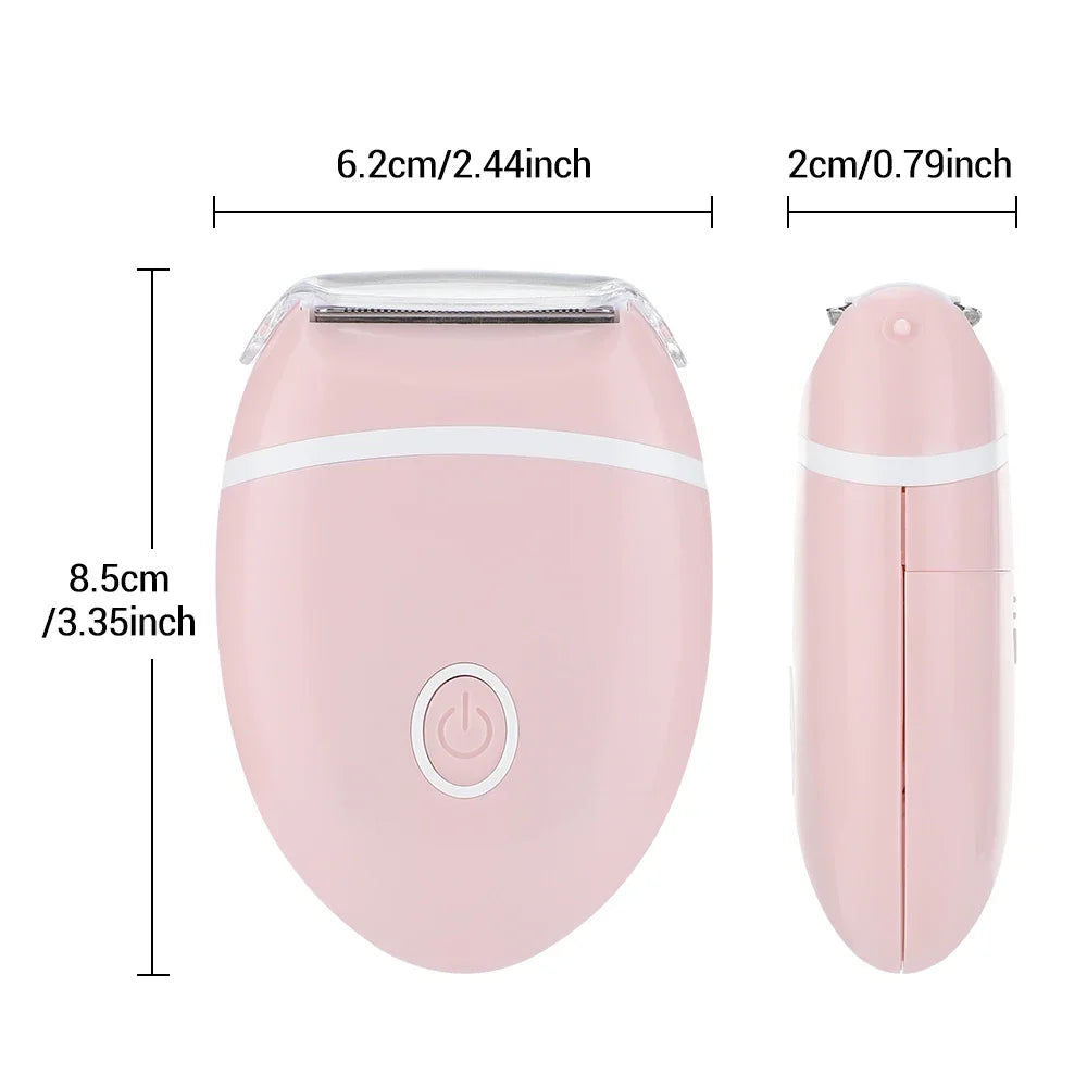 A pink electric mini shaver with a clear guard and a white accent, shown from the top and side.