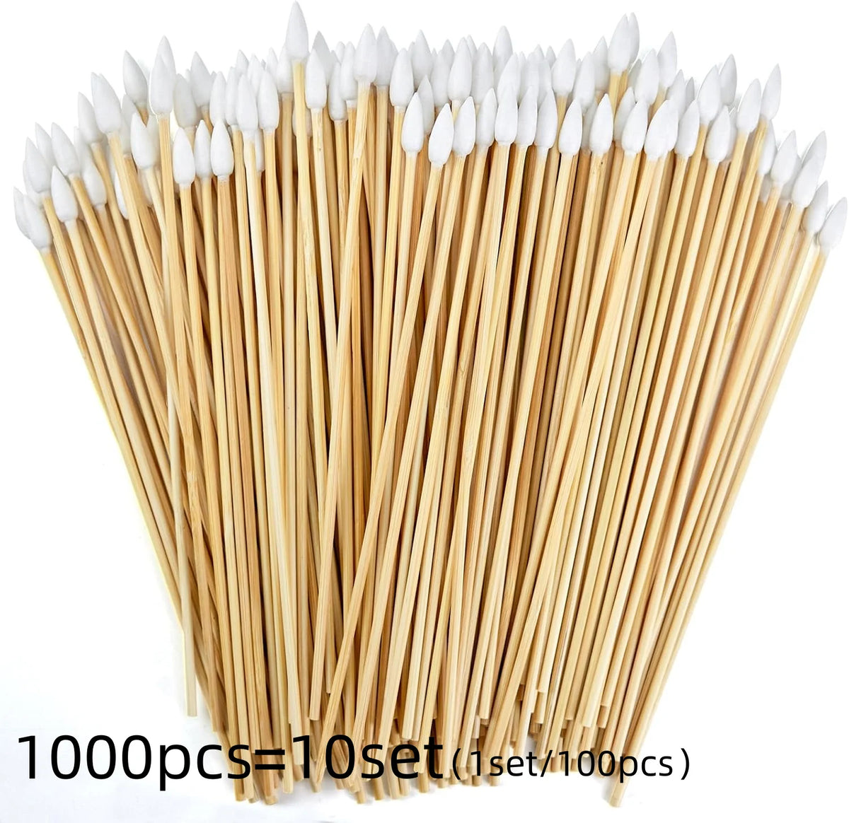 A bundle of 1000 precision wooden cotton swabs with white tips arranged diagonally.