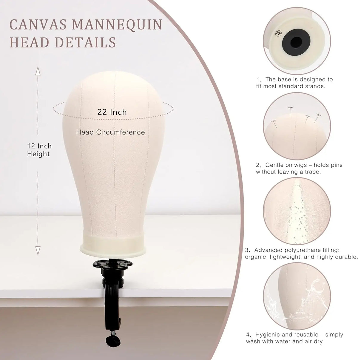 Tête de mannequin en toile rose pâle avec détails sur sa base et la section de perruque.