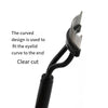 A close-up view of a black precision metal eyelash separator and curler tool.
