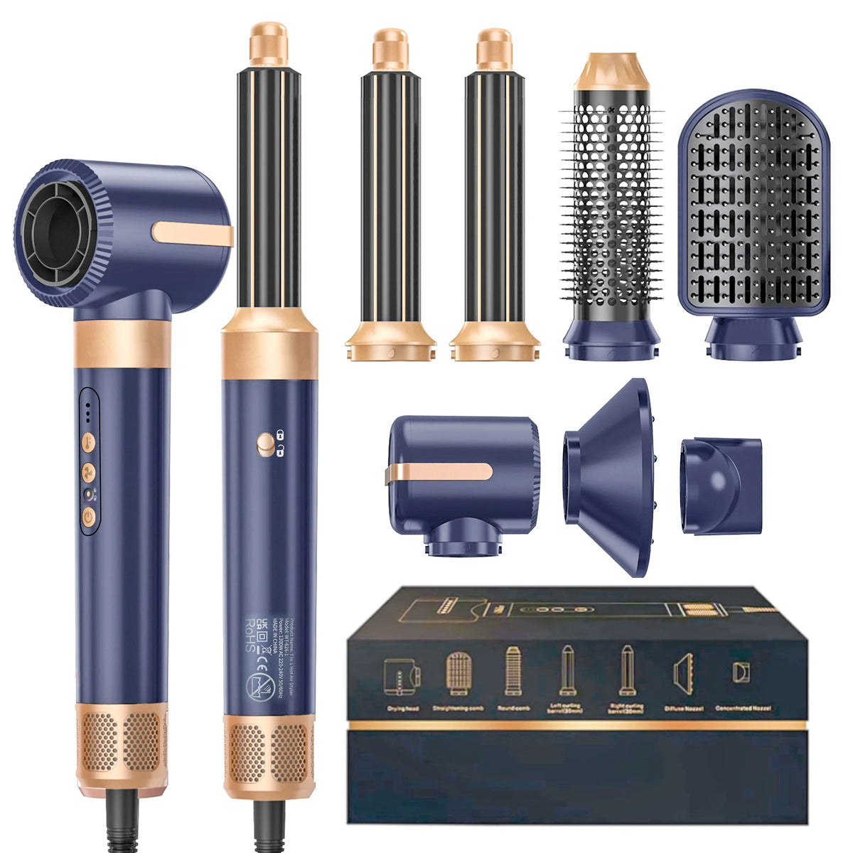 A set of 7 hair styling tools including a dryer brush, rollers, and combs, in blue and rose gold tones.