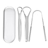Stainless steel tongue scrapers for oral hygiene including a flat scraper and two loop scrapers