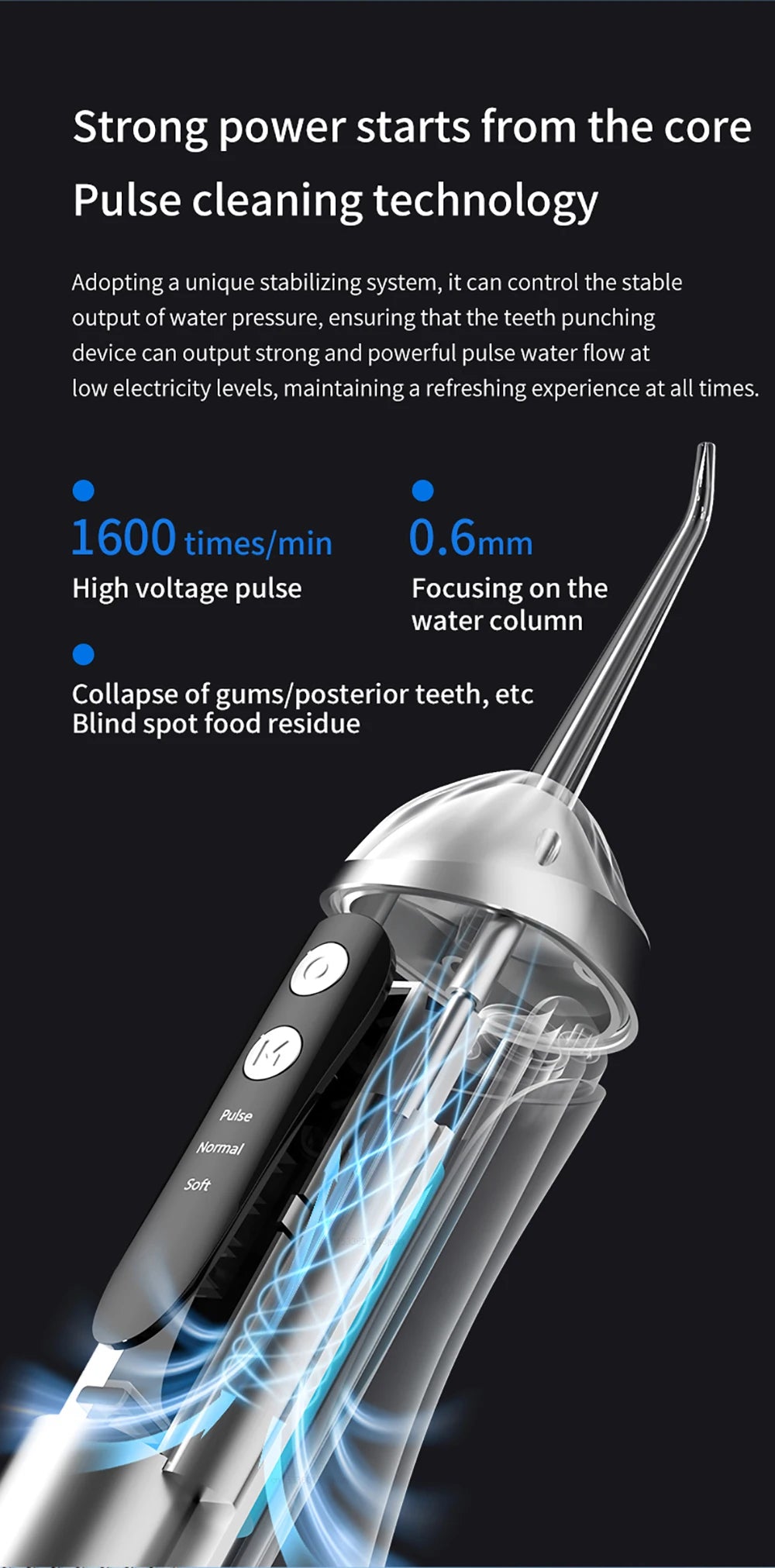 Close-up of a portable oral irrigator device showing water flow and pulse technology.