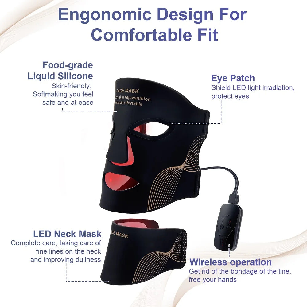 A black LED facial mask and a separate LED neck mask are shown with accompanying wires.