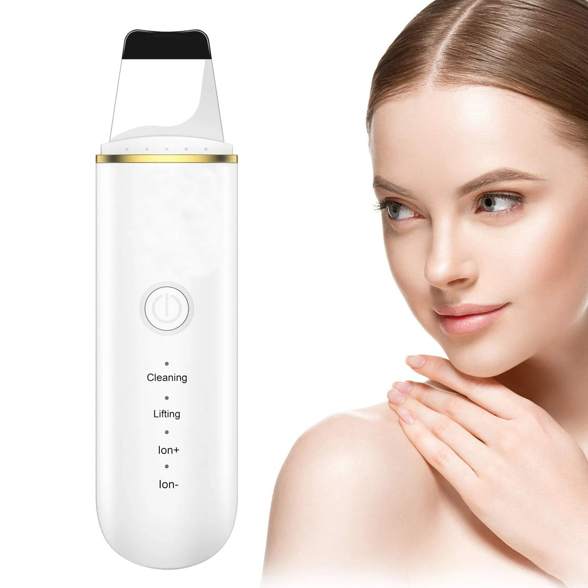 A white ion cleansing device is shown next to a woman's face, demonstrating its use for skin treatment.