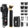 A black cordless electric hair trimmer kit showing the main unit, a gold trimmer head, and various attachments.