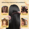 A dark comb is shown being used on a person's hair to address various hair problems like dandruff, itchy scalp, greasy hair, 