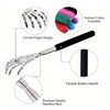 Stainless steel telescoping back massager with curved fingers and rubber handle, showing various colors available.