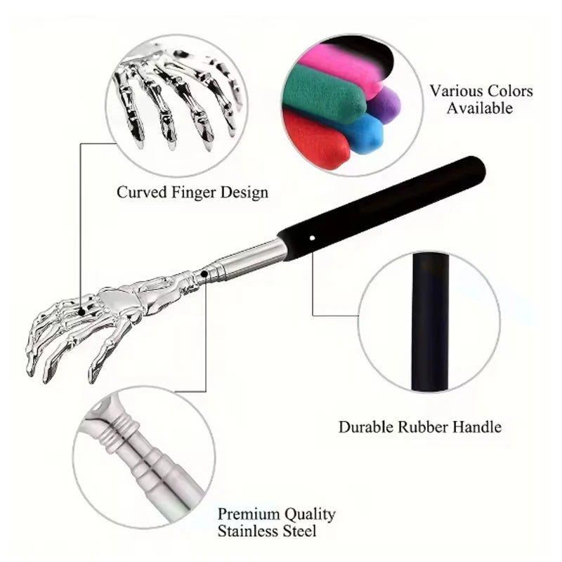 Stainless steel telescoping back massager with curved fingers and rubber handle, showing various colors available.