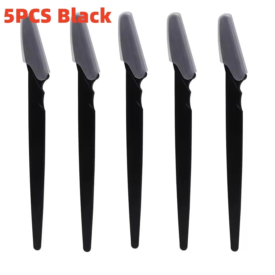 Five black stainless steel eyebrow trimmer kits shown individually.