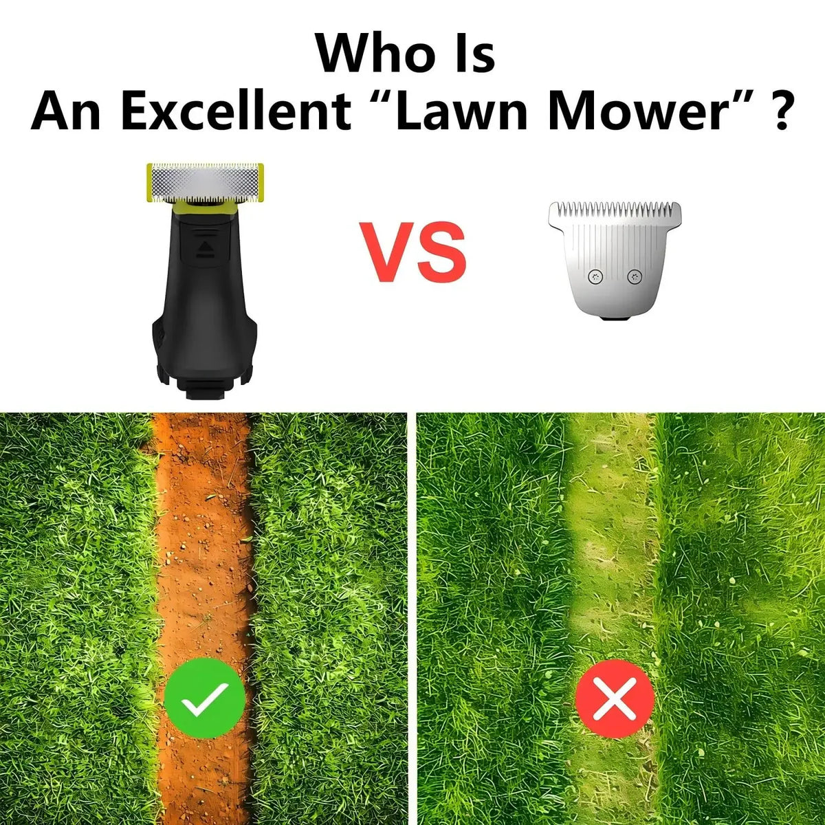 Vergleich einer Rasenmäherklinge und eines Ersatzklingen-Sets für Norelco-Trimmer gegen Gras.