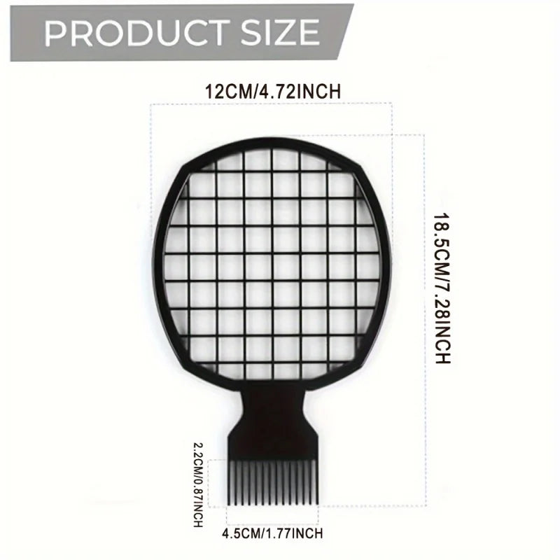 A black premium African twist hair comb shown with its dimensions labeled.