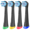 Cuatro cabezales de cepillo de reemplazo para un mango Oral-B iO, en varios colores: azul, azul claro y rojo.