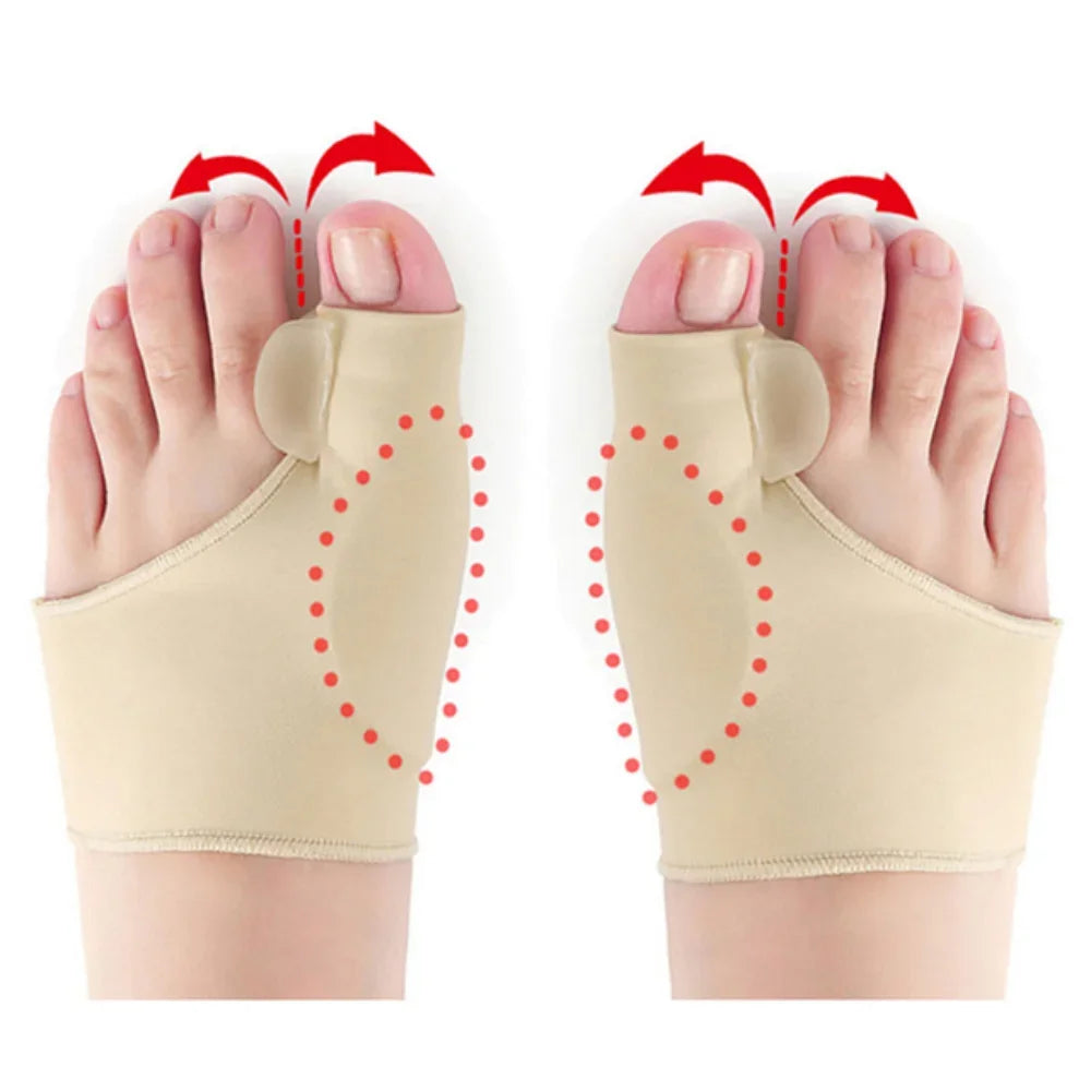 A pair of beige orthopedic toe separators and corrector pads shown on a foot.