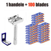 A stainless steel double-sided safety razor with one handle and 100 replacement blades stacked in blue and orange packaging.