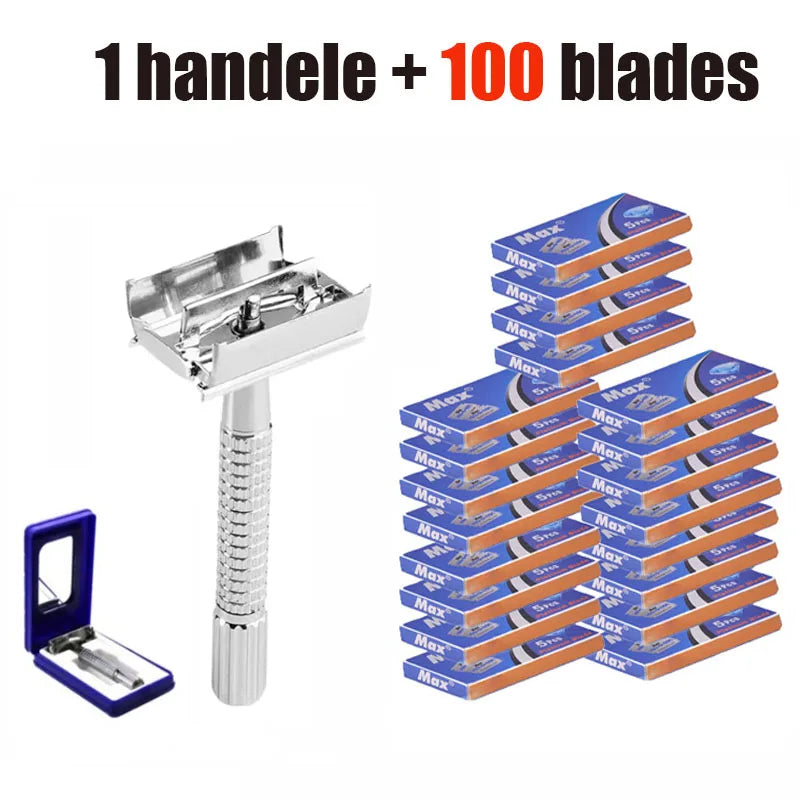 A stainless steel double-sided safety razor with one handle and 100 replacement blades stacked in blue and orange packaging.