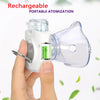 A hand holds a white portable rechargeable atomization device for respiratory relief.