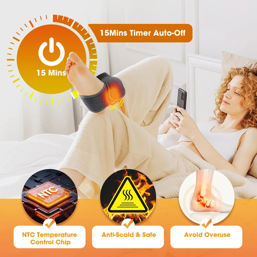 A woman is using a heated ankle massager while relaxing in bed, demonstrating its features.