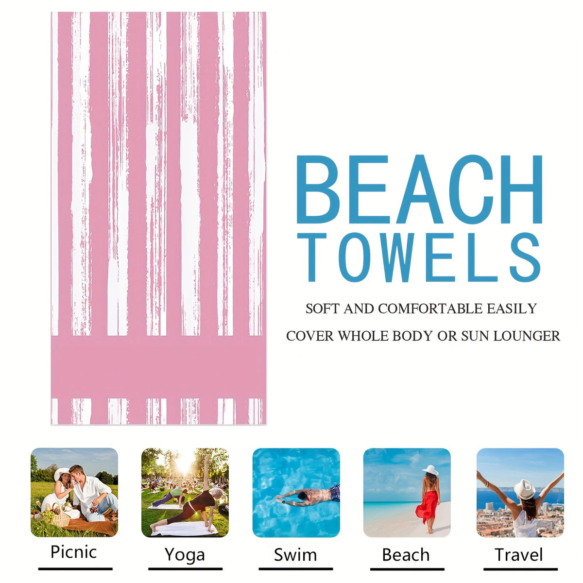 Toallas de playa a rayas rosas que ofrecen cobertura suave y cómoda para el cuerpo o la tumbona solar.