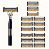A set of classic multi-blade safety razor cartridges with black and orange accents.