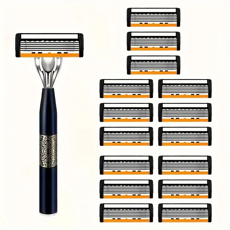 A set of classic multi-blade safety razor cartridges with black and orange accents.
